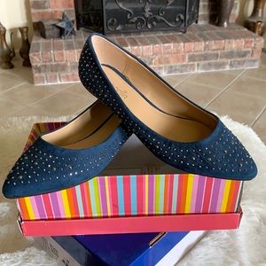 Faux Suede Rhinestone Studded Pointed-Toed Flat